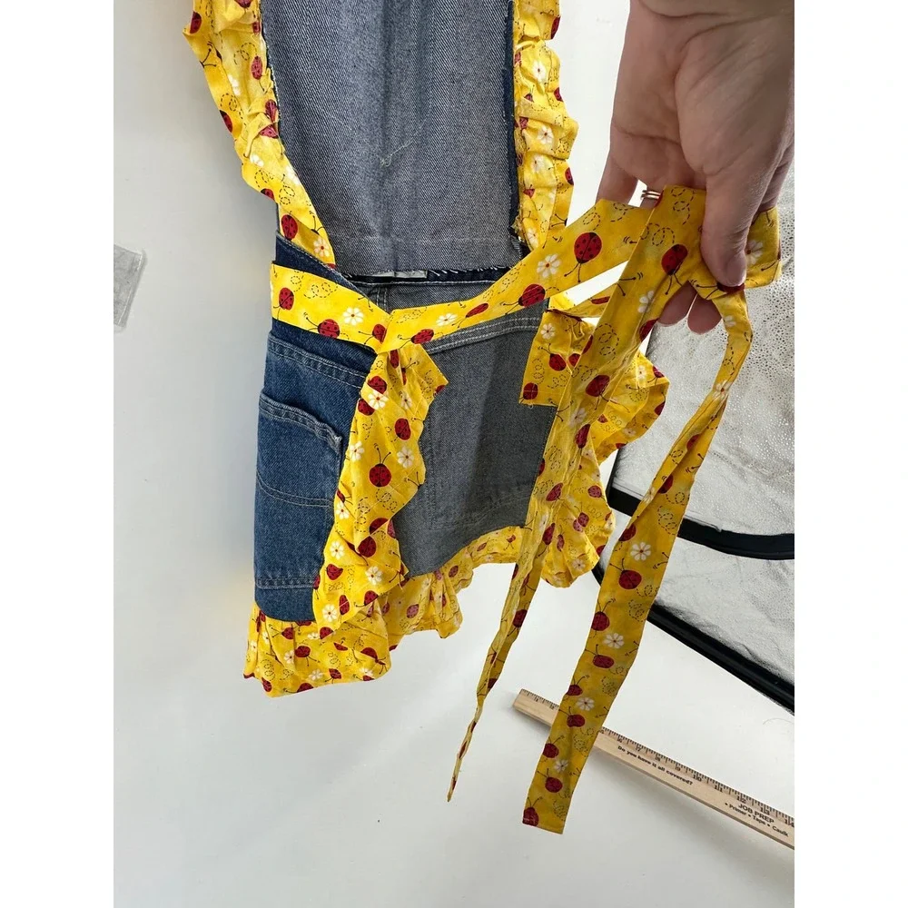 Handmade Denim Kitchen Apron Ladybug Ruffle Lee Jeans Repurposed Cottagecore